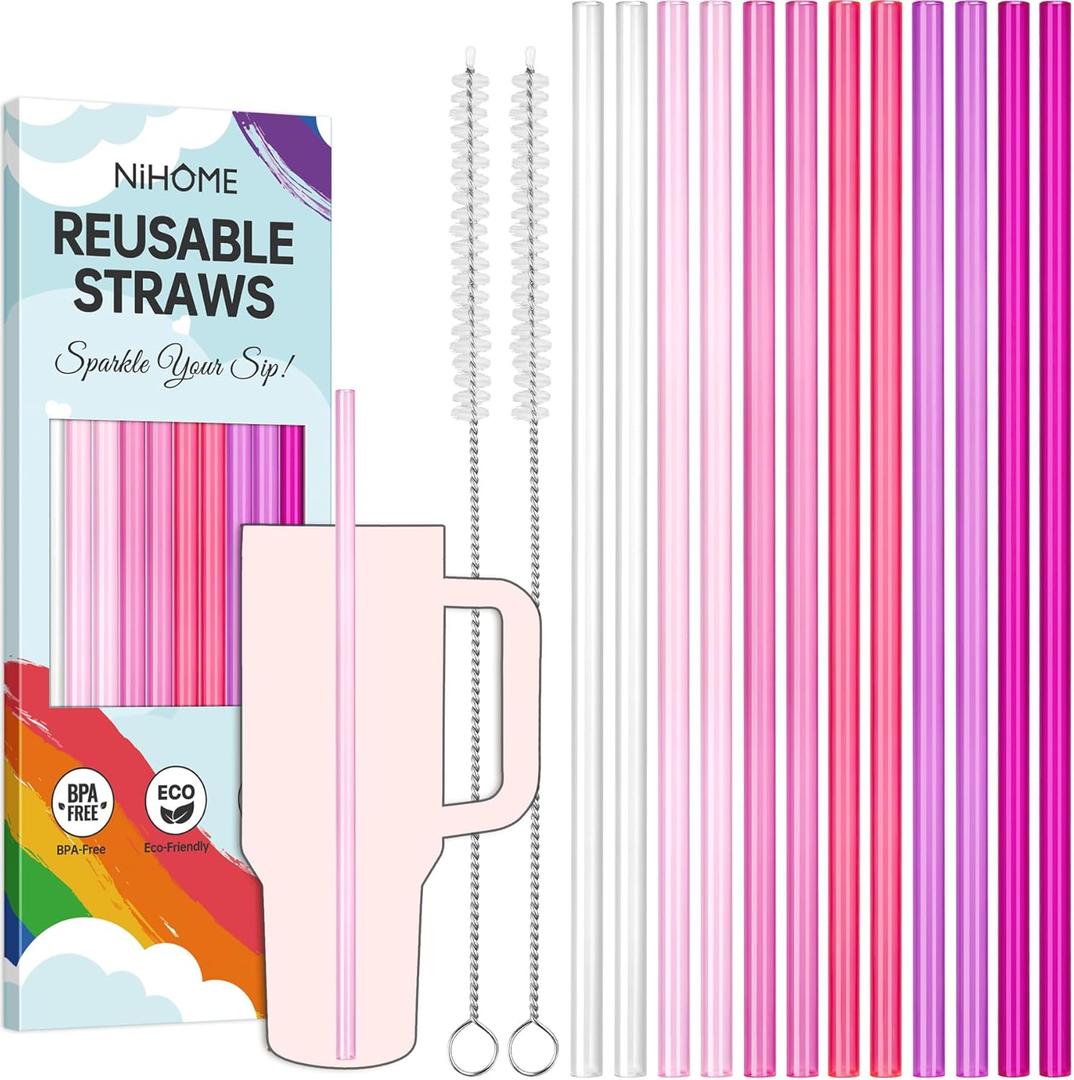 NiHome 12-Pack Plastic Reusable Drinking Straws for Stanley 40 oz 30oz 64 oz Tumbler, 6 Color 12 In Reusable Straws Fit for Stanley Cups w/ 2 Brushes, BPA-Free for Cold & Hot Beverages (Gradient Pink)
