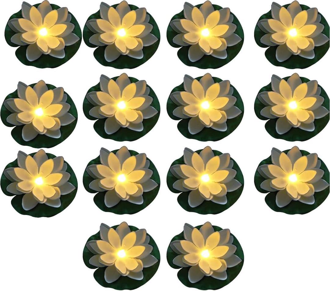 14 PCS Waterproof Floating Lotus Light - Floating Flower Light Battery Operated Water Activated Warm White Pool Flower Lamp Wedding,Anniversary,Garden Decoration