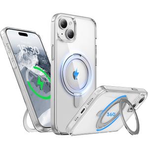 For IPhone 15 Case 6.1-Inch with Magnetic 360 Ring Stand Compatible with MagSafe Crystal Clear Shockproof Protective Phone Cover 6.1" 2023, Clear