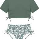 CRISONE Girls Swimsuits Short Sleeve Bathing Suit Solid 2 Piece Drawstring Swimwear 13 - 14 year olds