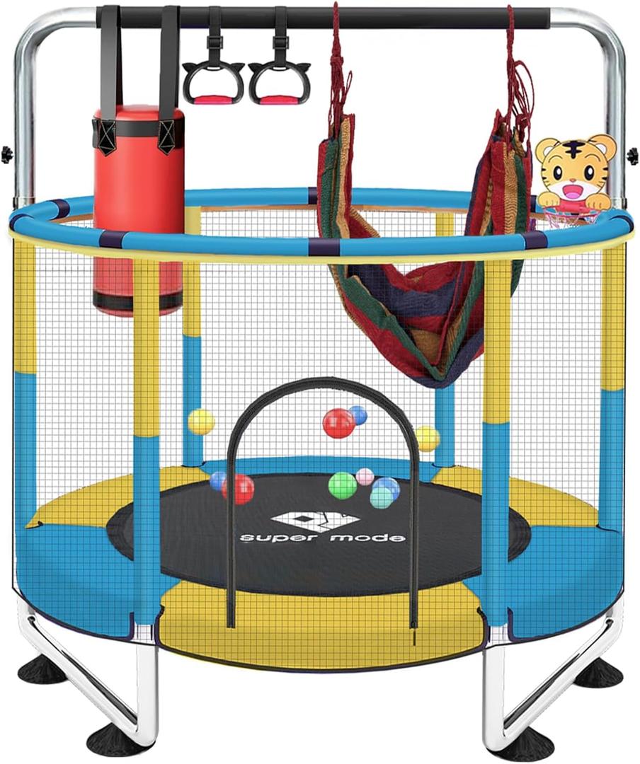 Trampoline for Kids, 5FT Adjustable for Toddler, Indoor/Outdoor Baby Trampoline with Enclosure Net, No-Gap Safe Design, Gifts for Boys & Girls (Stainless Steel, blue yellow)