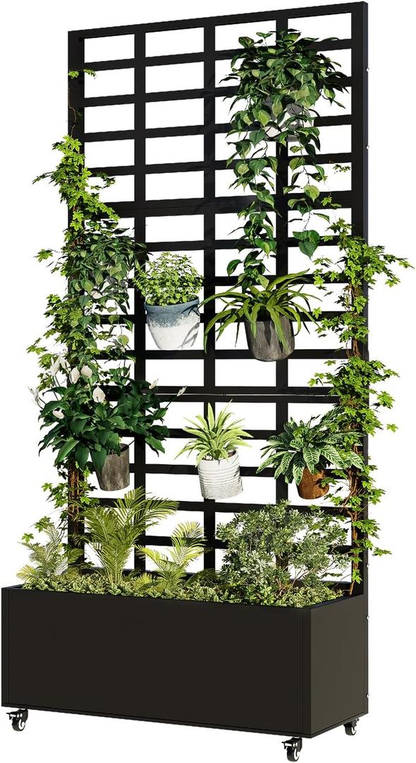 Metal Planter Box with Trellis for Climbing Plants, 74.8"x35.83"x15.16" Raised Garden Bed with Privacy Screen, Outdoor Planter with Drainage Holes, Black Metal Planter Box with Trellis for Climbing Plants, 74.8"x35.83"x15.16" Raised Garden Bed with Privacy Screen, Outdoor Planter with Drainage Holes, Black