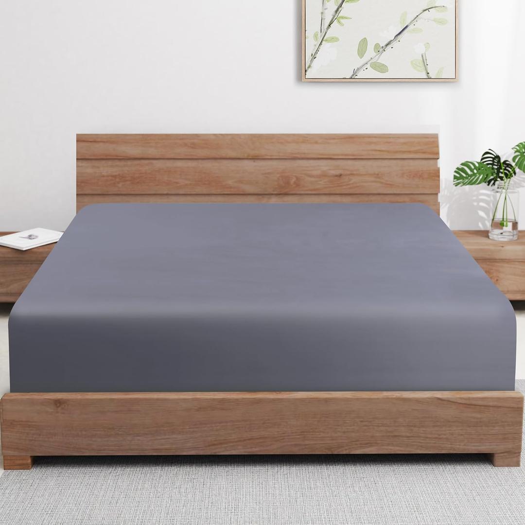 Bamboo Viscose Fitted Sheet Queen Size Only, 400 Thread Count, 16" Deep Pocket Cooling Bottom Sheets for Hot Sleeper, Silky Soft Breathable (Queen, Dark Grey