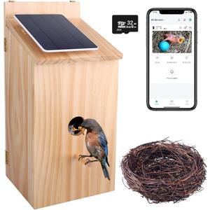Smart Bird House with Camera, 1080P HD Wireless Birdhouse for Outside with Nest Auto Capture Photo & Video, Solar Powered 2.4G WiFi & App Notify 32G SD Card Waterproof Wooden Birdhouse