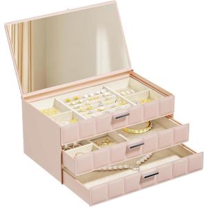 VUSIGN Jewelry Box for Women, 3 Layer Jewelry Organizer with Mirror, Jewelry Storage Case with Removable Pad, Customizable Jewelry Boxes for Rings Earrings Necklaces, Pink