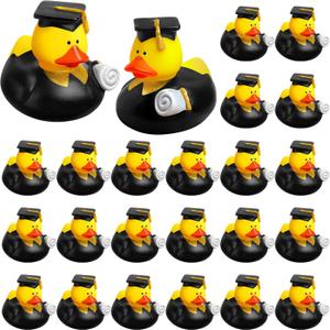 Sratte 24 Pcs Black Graduation Rubber Ducks 2025 Grad Silicone Duck Bulk Graduation Small Rubber Animal Gift Cake Topper for Teacher Graduation Party Favors Supplies