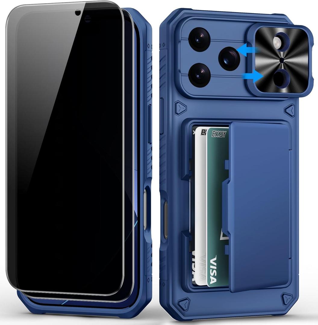 BXYJY for iPhone 17 Pro Max Wallet Case2 Privacy Screen Protectors, Card Holder (4-5 Cards), Slide Camera Lens Cover, Military Drop, Rugged Heavy Duty Men Women Phone Case for iPhone 17Pro Max, Blue