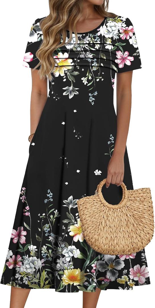 Zeagoo Womens Casual Dresses for Summer Short Sleeve Flare Midi Dress Loose Beach Sundress Pleated Front Dress with Pockets (Black), XL