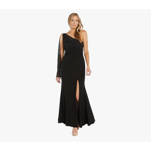 R&M Richards Long One Shoulder Cocktail Dress with Stone Embellishments Sheer Cascading Cape & Slit 12