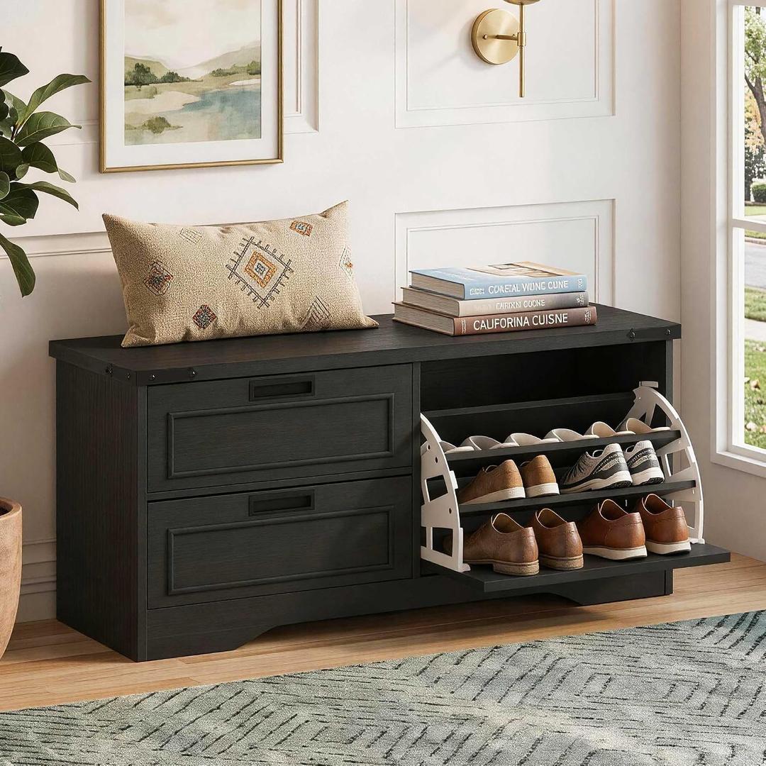 FATORRI Shoe Storage Bench, 41 Inch Entryway Bench, Mudroom Bench, Black, 13.39"D x 40.94"W x 18.11"H