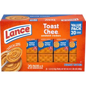Lance Sandwich Crackers, ToastChee Peanut Butter, 20 Individually Wrapped Packs, 6 Sandwiches Each (1.52 Ounce (Pack of 20))