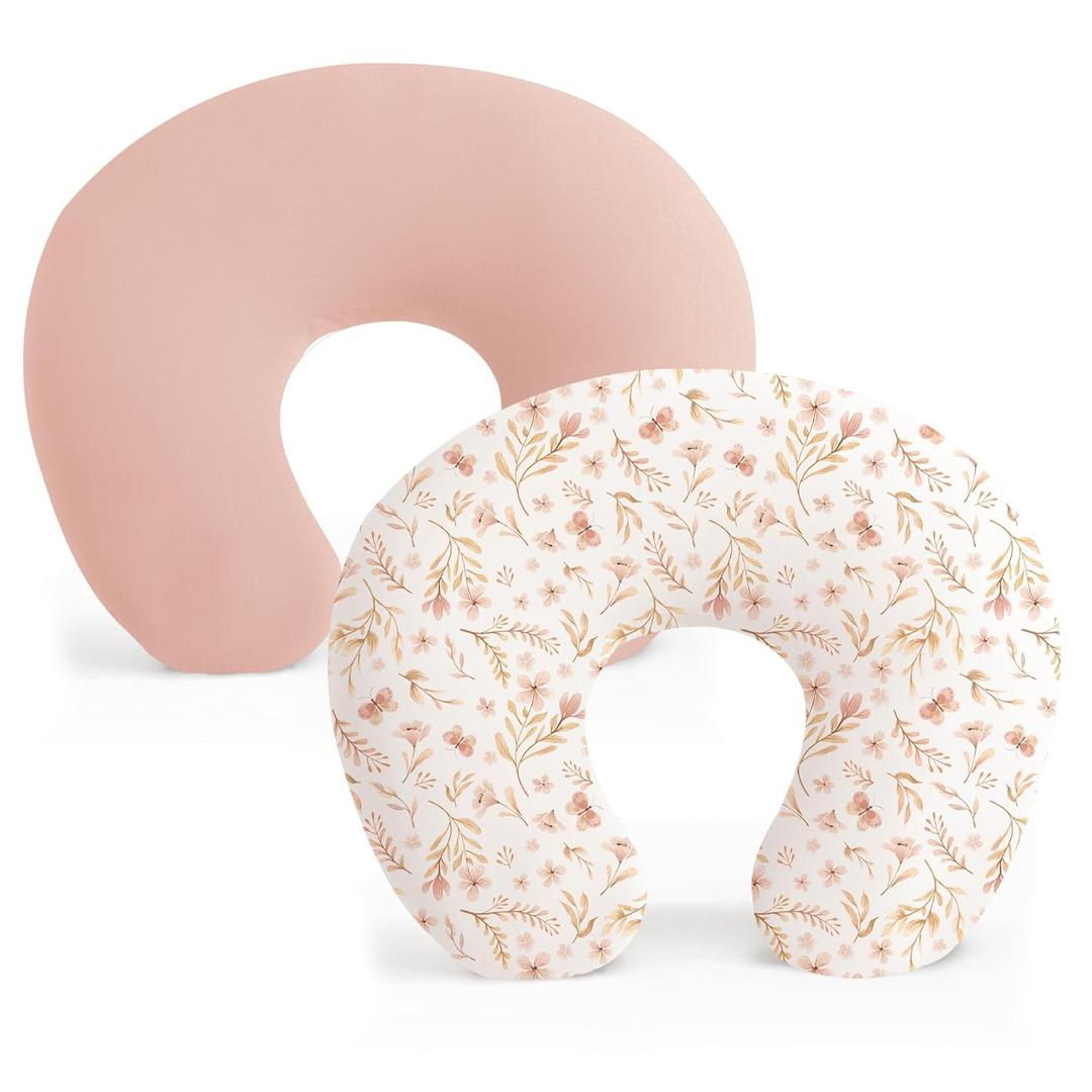 Konssy 2 Pack Nursing Pillow Covers, Stretchy and Soft Nursing Cover for Breastfeeding, Pillow Slipcover for Baby Girls Boys Newborn (Pink Spring, Pink)