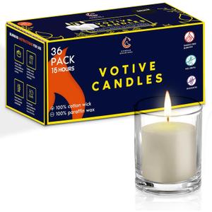 Candle Charisma Natural Ivory Unscented Votive Candles - 15 Hour Burn time - Set of 36 for Dinner, Wedding, Halloween and Holiday Decorations
