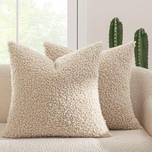 MIULEE Pack of 2 Faux Fur Throw Pillow Covers 20x20 Inch Neutral Oatmeal Boucle Decorative Sherpa Pillow Covers Fuzzy Accent Soft Sheepskin Fleece for Boho Home Decor Sofa Living Room Couch Bed