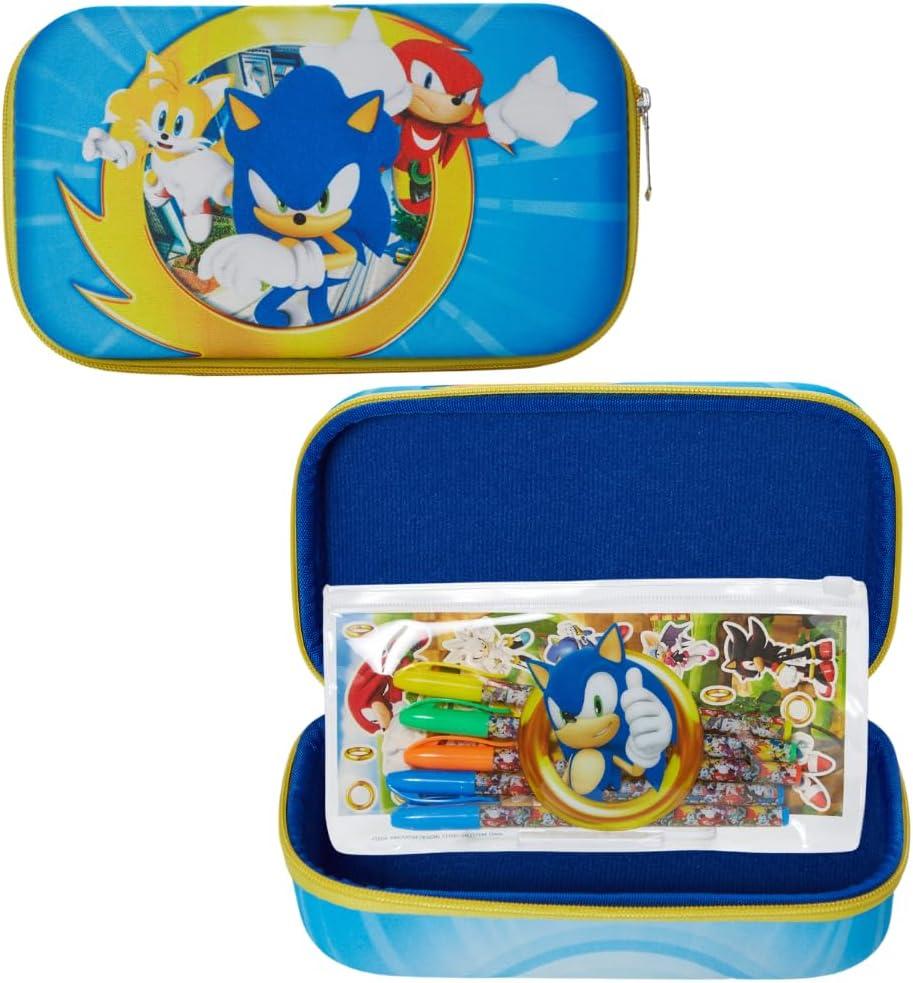Innovative Designs Sonic the Hedgehog Pencil Case Set with Stickers and Gel Pens for Kids, Molded with Zip Closure, Blue