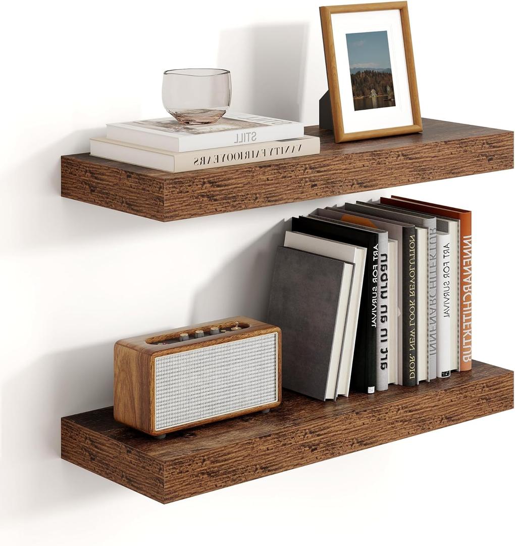 Heimlove 16 inch Brown Floating Shelves for Wall,6.7 inch Deep Small Bathroom Over Toilet Shelf,Wall Mounted Wood Shelves for Bedroom,Living Room,Kitchen,Office,Set of 2