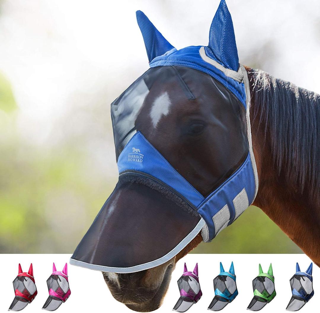 Harrison Howard CareMaster Pro Luminous Horse Fly Mask Large Eye Space Long Nose with Ears UV Protection for Horse Royal Blue L Full Large
