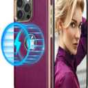 LOHASIC for iPhone 15 Pro Max Leather Case – Luxury Soft Elegant Aesthetic Magnetic Designer Phone Cover with Logo Cutout, Compatible with MagSafe Case for Women, Gold + Fuchsia/Purple