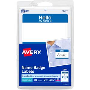 Avery Customizable Name Tags, Hello My Name is, White, Blue Border, Removable Adhesive, Laser/Inkjet Printable, 100 Total (5141) (2-1/3" x 3-3/8")