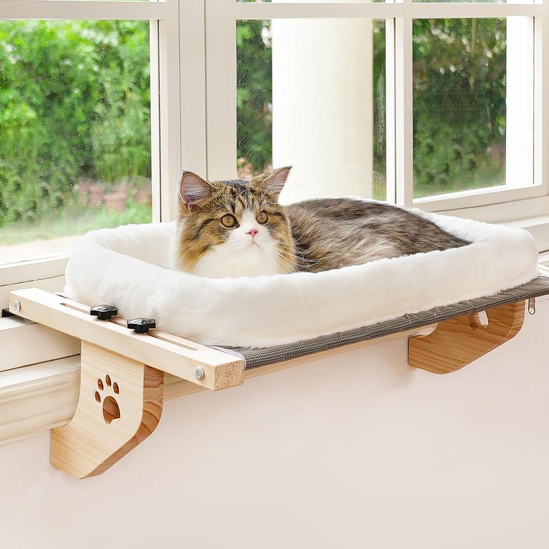 AMOSIJOY Cat Sill Window Perch Sturdy Hammock Window Seat with Cushion Bed Cover, Wood & Metal Frame for Large Cats, Easy to Adjust Cat Bed for Windowsill, Bedside, Drawer and Cabinet (M) (21.7''L x 15''W, White)
