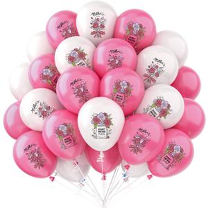 Mother's Day Balloons, 40 Pcs 12 Inch Pink White Latex Balloons with Romantic Bouquet Pattern, Perfect Mother's Day Themed Party Supplies, Ideal Decorations for Anniversary & Birthday Parties
