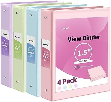 SUNEE 1.5 Inch Binders 3 Ring 4 Pack, Clear View 1 1/2 Inch Binders Three Ring PVC-Free (Fit 8.5x11 Inches) for School or Office Supplies, Assorted Pastel