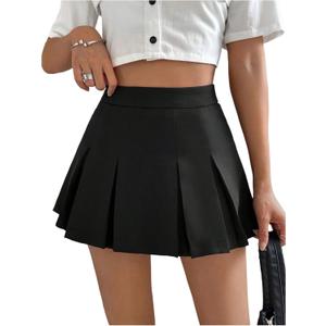 WDIRARA Women's High Waisted Pleated Skirt Skater A Line Mini Uniform Skirt, L