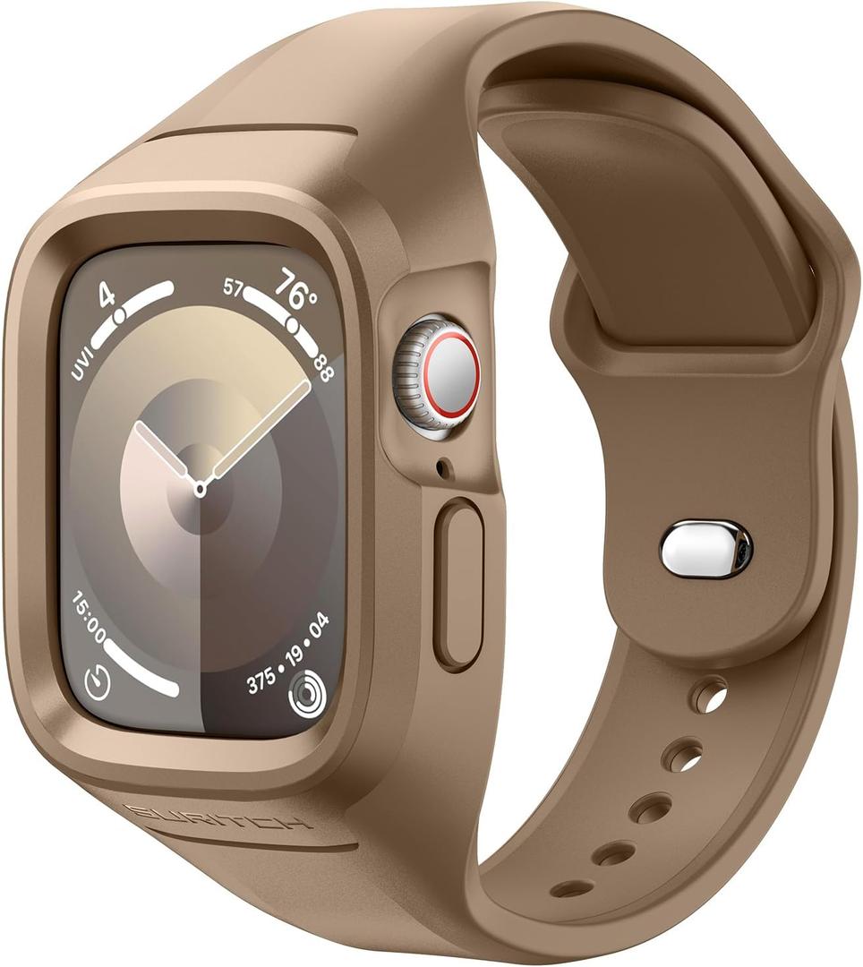 SURITCH Sport Band for Apple Watch Ultra 3/2/1 49mm & iWatch Series 9/8/7/6/5/4/SE3/SE2/SE 45mm 44mm 41mm 40mm, Soft Silicone Shockproof Rugged Protective Strap with Case for Women Men (Brown)