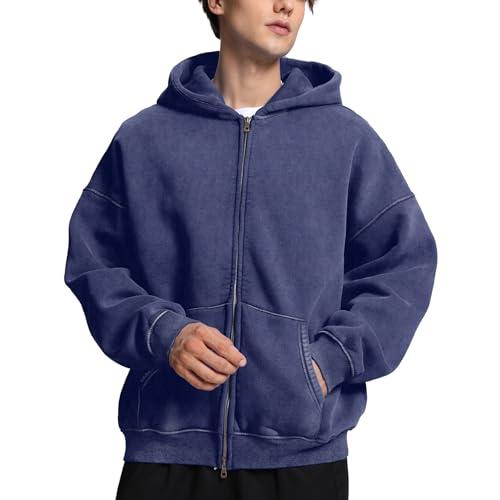 FAIABLE Mens Womens Double Zip Up Hoodie Oversized Acid Wash Heavyweight Fleece Cotton Zipper Hoodie Vintage Y2k Full Zipup Couples Streetwear Blue, S