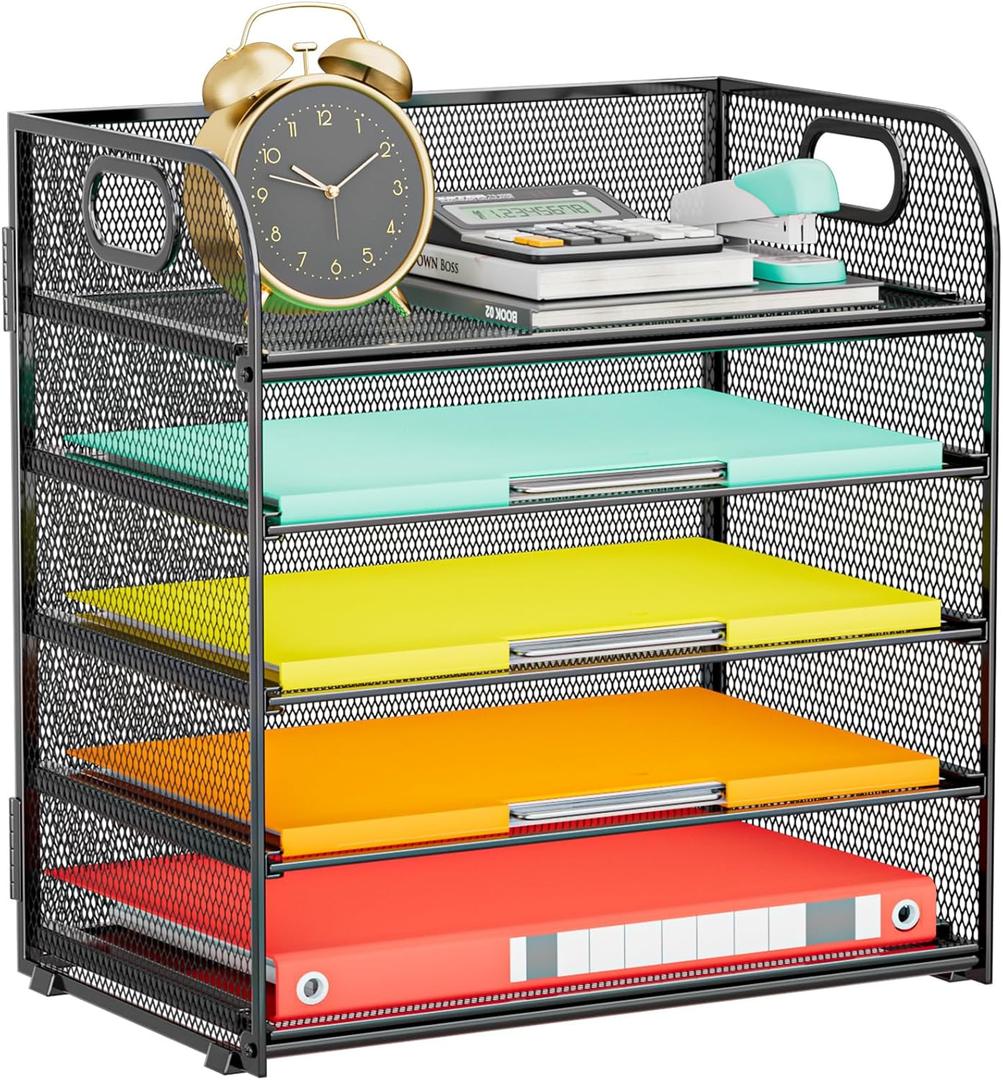 Paper Organizer Letter Tray with Handle, 5-Tier Black Stackable Desk Organizer with Metal Mesh, Sturdy Paper Tray for Office Desk, Home & Classroom Supplies Storage (12.6" x 9.1" x 13.4")