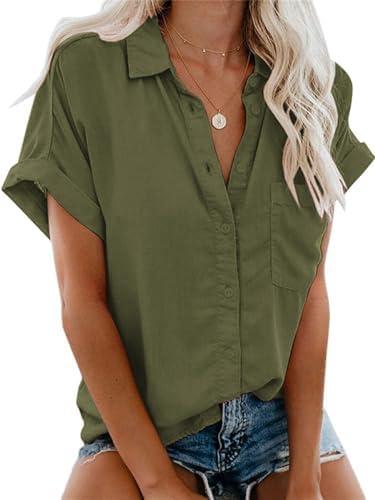 POKWAI Womens Casual Short Sleeve Button Down Shirts Summer Top Blouses with Pocketsn 2 XL