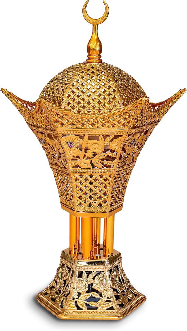 AM Bakhoor Charcoal Incense Burner  Luxury Gold Frankincense Resin Burner for Oud, Bakhoor, Incense Sticks & Cones  Decorative Metal Holder with Removable Lid & Safe Flame Control (Gold)