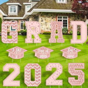 11 PCS Graduation Yard Signs Party Decoration Class of 2025 Pink Grad Congratulate Graduation Lawn Signs with 22 Stakes for Outdoor Graduation Party Supplies (Pink Gold)