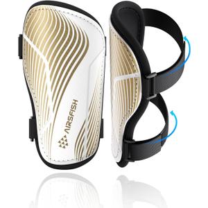 Shin Guards Soccer Kids Youth, CE Certified Airsfish Shin Guard Protection Gear for 2-18 Years Old Boys Girls Teenagers High Impact Resistant Breathable Comfortable 1 Pair 4 Sizes (X-Small, White+Gold Wave)