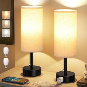 Bedside Table Lamps Set of 2-3 Color Temperatures Pull Chain Lamp with AC Outlet Charging Port, Round Night Stand Lamps for Bedroom Guest Room Office, Small Bed Side Light with E26 LED Bulbs (14.0in, Beige)