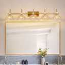 Vintage Bathroom Vanity Light, 5-Light Matte Brass Finish Vanity Light with Floral Amber Glass Shades, Retro Wall Mount Lighting for Bathroom, Living Room