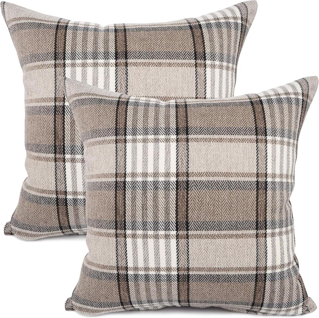 YOUR SMILE Retro Farmhouse Outdoor Buffalo Tartan Chequer Plaid Cotton Linen Decorative Throw Pillow Case Cushion Cover Pillowcase for Sofa 18 x 18 Inch, Set of 2, Khaki/Stripe (Brown)