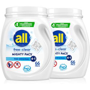 all free clear, Original, MIGHTY PACS Laundry Detergent Pacs for Sensitive Skin, Unscented and Hypoallergenic, 66 Count (Pack of 2)