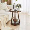 Small Round Wooden End Table - Round Solid Wood Side Table, 23.6 Modern Circle End Tables Living Room with Shelf for Couch Sofa, Walnut, 19.6 in x 19.6 in x 23.6 in