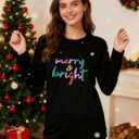 Christmas Shirts for Women Retro Pink Santa Vintage Cute Christmas Tree and Bow Graphic Xmas Vacation Tees Top (Black, L)
