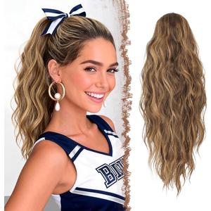 FESHFEN Ponytail Extensions - Drawstring Ponytails Hair Extension Long Curly Wavy Hair Piece Synthetic Pony Tail Hairpieces for Women, Golden Brown Mix Blonde 18 inch