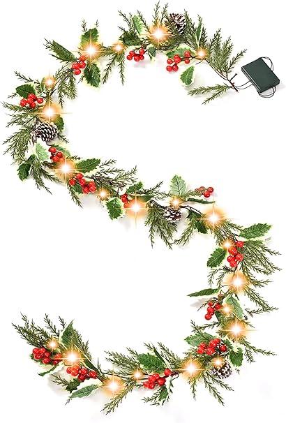 6ft 20 LED Christmas Garland with Holly Pines, Battery Operated Garland with Timer, Red Berry Garland with Lights for Indoor Mantle Fireplace Stair Home Holiday Decoration