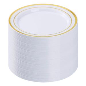 BESTVIP 200Pcs Gold Plastic Plates, 10.25 Inch Disposable Party Plates