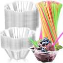 Eaasty 200 Pcs 8 oz Shaved Ice Cups Ice Cream Cups with Spoon Straws Plastic Dessert Reusable Flower Shaped Bowls Easy Grip, Slush Shaved, Pudding, Summer Holiday Party (Clear)