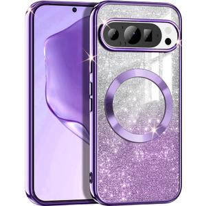 Casetego for Google Pixel 9 Case,Google Pixel 9 Pro Case,Compatible with MagSafe,Glitter Sparkle Magnetic Plated Slim Shockproof Soft TPU Bumper Full Protection Case for Google Pixel 9/9 Pro,Purple