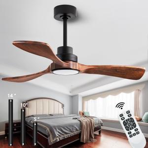 42-inch Ceiling Fan Light with Remote Control, Featuring 3 Wooden Blades, Reversible DC Motor, Timer Function, and 6-Speed Adjustment Suitable for Offices and bedrooms. Black + Walnut Color.