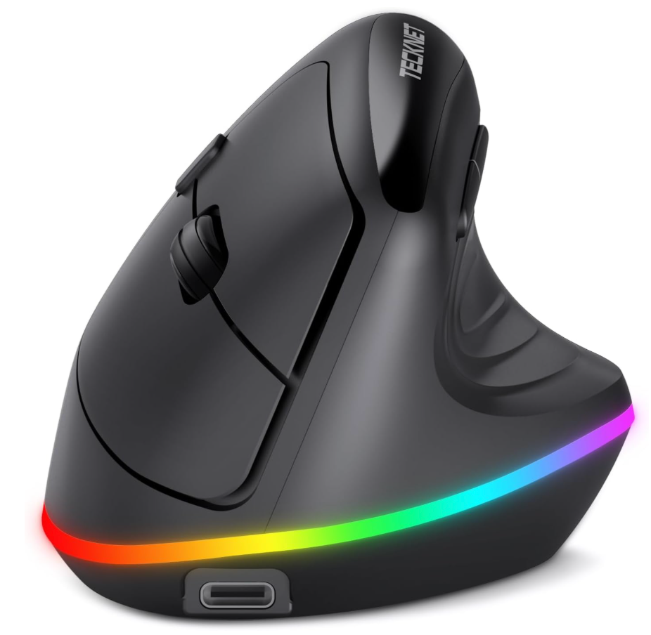 TECKNET RGB Rechargeable Wireless Ergonomic Mouse  USB+Bluetooth MultiDevice LED Vertical Mouse with 11 RGB Backlight Modes, 4800 DPI Adjustable, Ergo Mice for Windows and Mac, Black