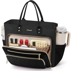 LOVEVOOK Lunch Bag, Tote Bag for Women with Insulated Lunch Compartment, Large Capacity Work Tote fit 15.6 Inch Laptop, Teacher Nurse Bag for Work, Crossbody Bags for Women with Cup Holder, Black