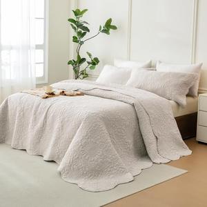 Sanracie Oversized King Bedspread Sets(128"x120"), Soft Cotton California King Size Quilt, 1 Oversized Farmhouse Bedspread+ 2 Pillow Shams, Lightweight Washed Quilt Bedding Set, Light Wheat, 3PCS