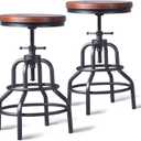 LOKKHAN Vintage Industrial Bar Stool-Rustic Swivel Barstools-Round Wood Metal Base-Kitchen Counter Height Adjustable Pipe Stool-Cast Steel Chairs 20-27 Inch (Set of 2)